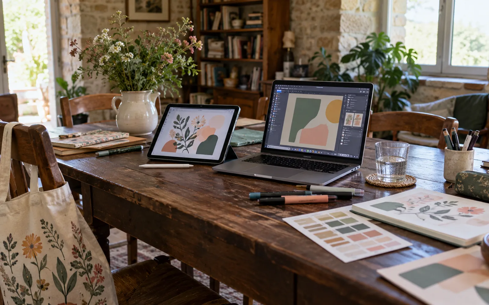 Tablette avec stylet et ordinateur portable ouverts sur des logiciels de dessin, sur une table en bois dans une maison aux murs de pierre