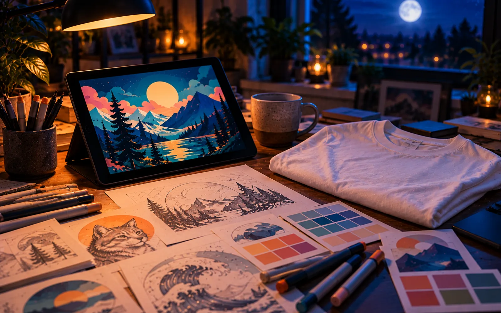 Tablette affichant une composition graphique colorée, entourée de croquis et de nuanciers de couleurs