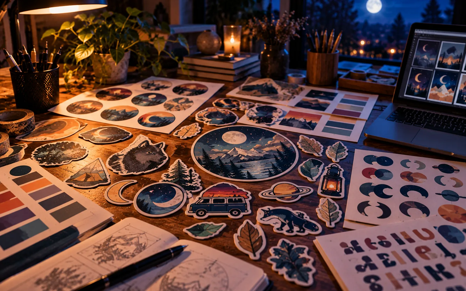 Autocollants, illustrations et échantillons graphiques colorés étalés sur un bureau