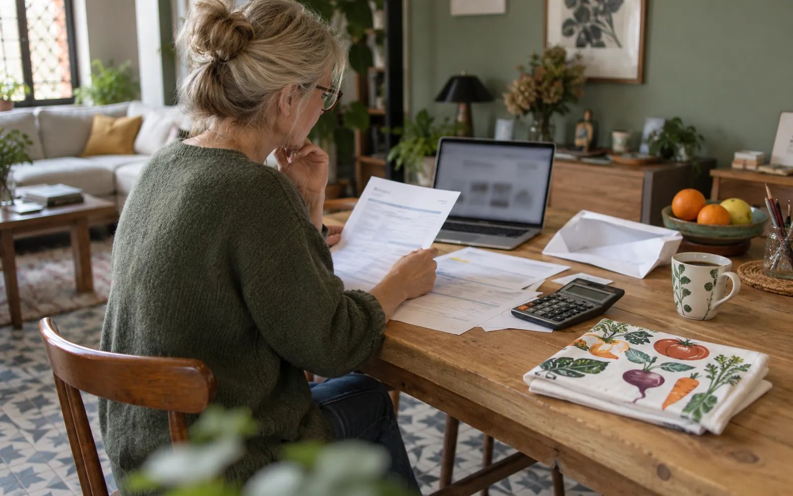 Une femme relit des papiers administratifs à son bureau, avec une calculatrice, un ordinateur portable et un t-shirt imprimé de légumes