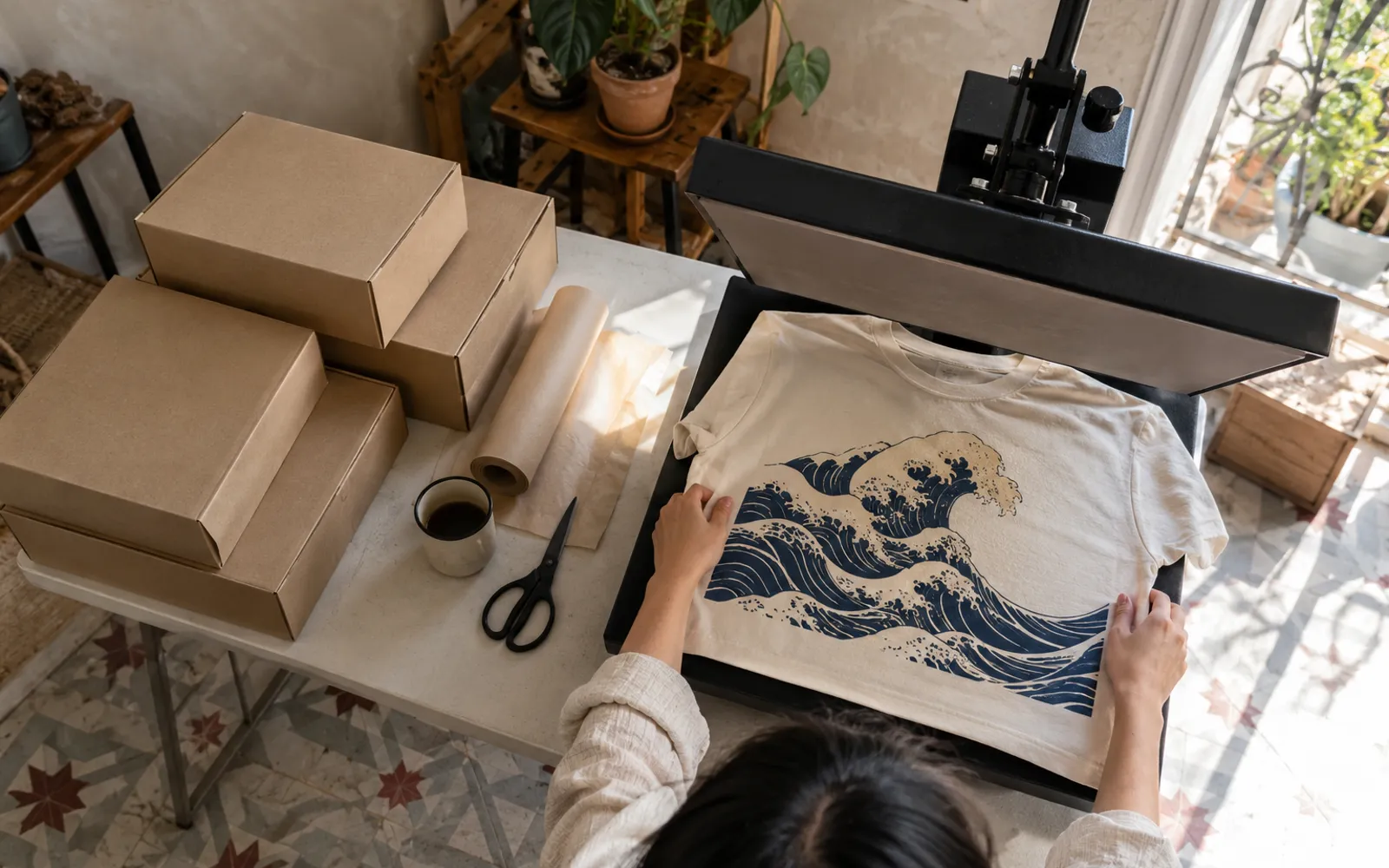 Vu de haut, des cartons de fournisseur empilés à gauche et un t-shirt imprimé de vagues sur le plateau d'une presse à chaud à droite