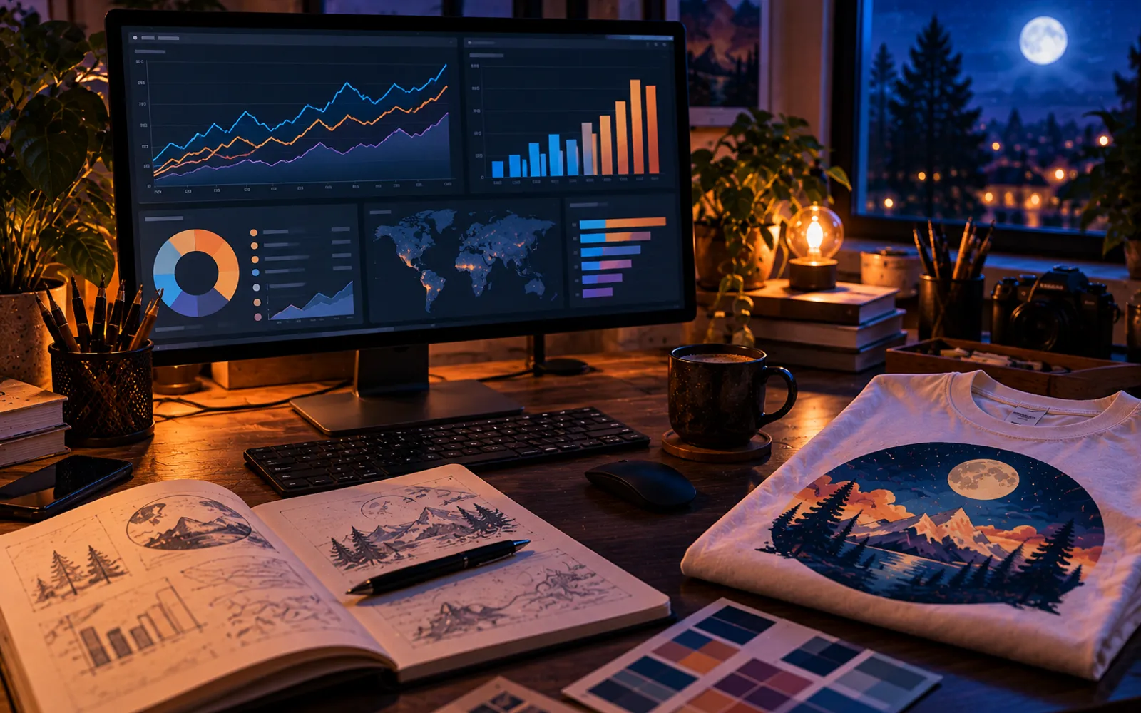 Écran d'ordinateur affichant des graphiques de tendances, à côté d'un carnet de notes et d'un t-shirt plié