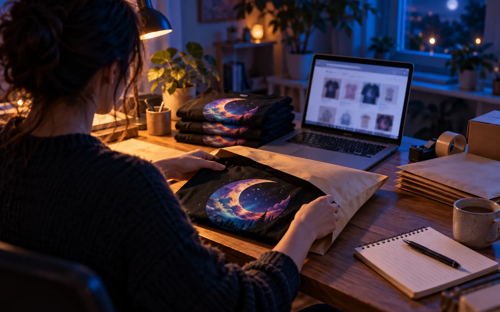 Bureau à la maison avec un ordinateur portable, des papiers administratifs et un t-shirt plié