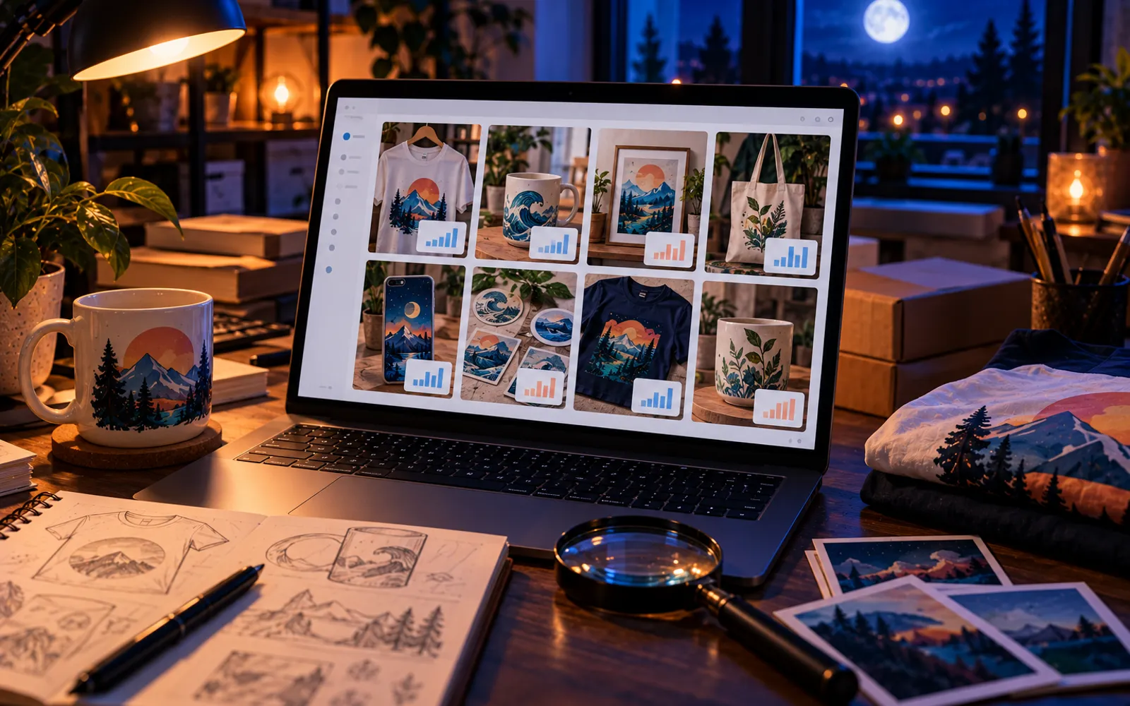 Ordinateur portable affichant une grille de produits et des barres de statistiques, de nuit