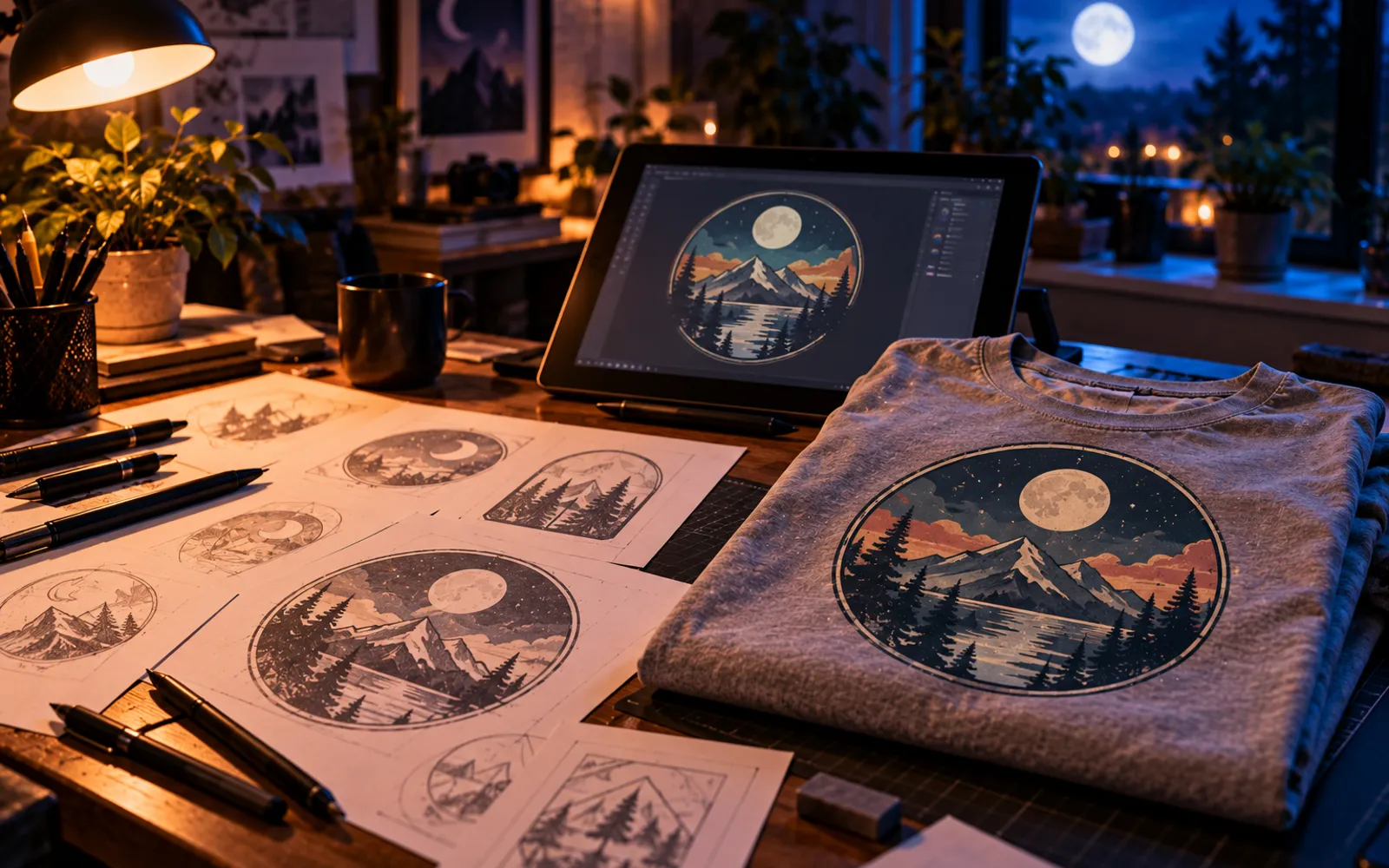 Croquis d'écussons et d'illustrations vintage étalés sur un bureau à côté d'un t-shirt imprimé