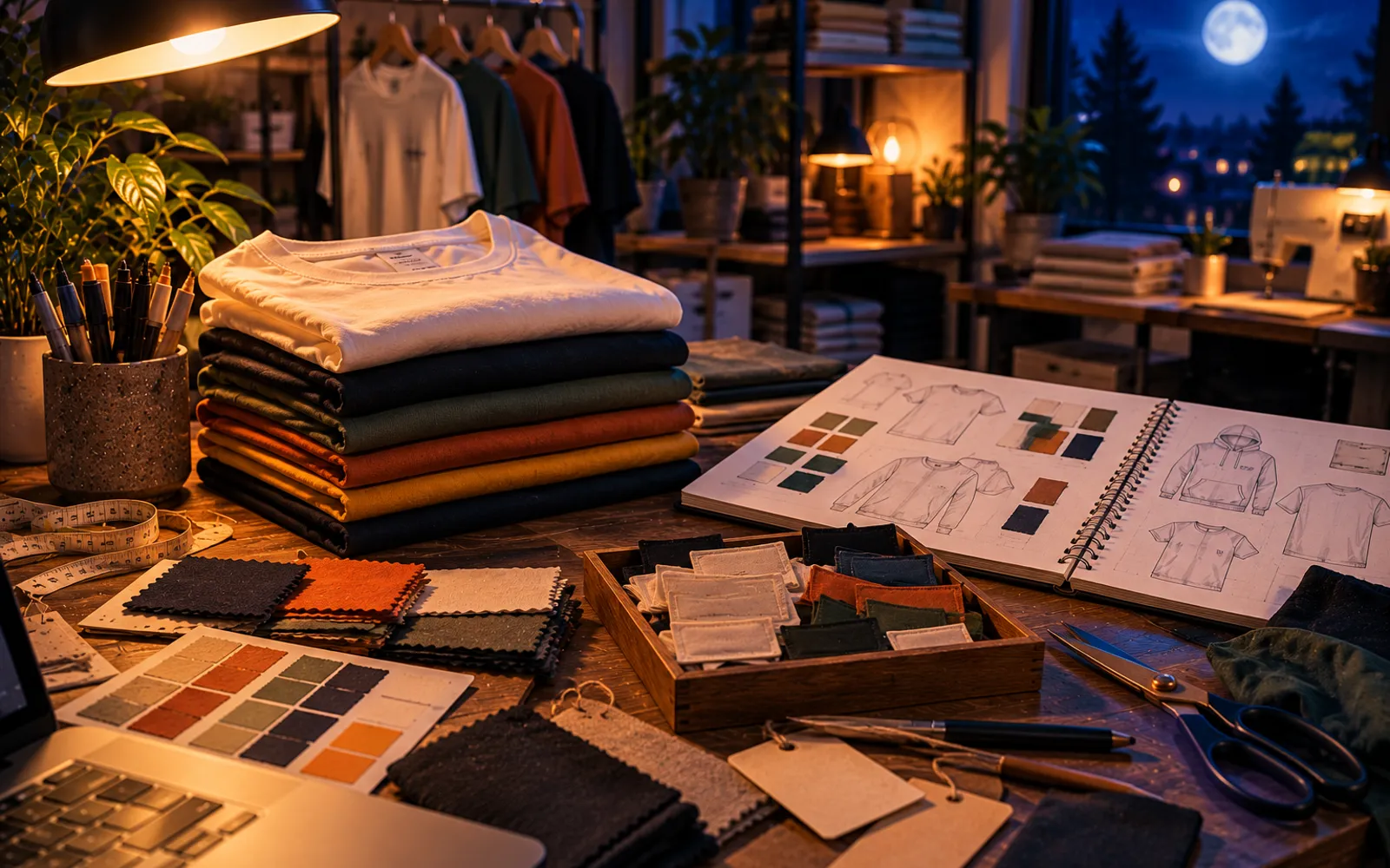 Étiquettes de col tissées et t-shirts pliés sur un plan de travail de créateur, lumière du soir