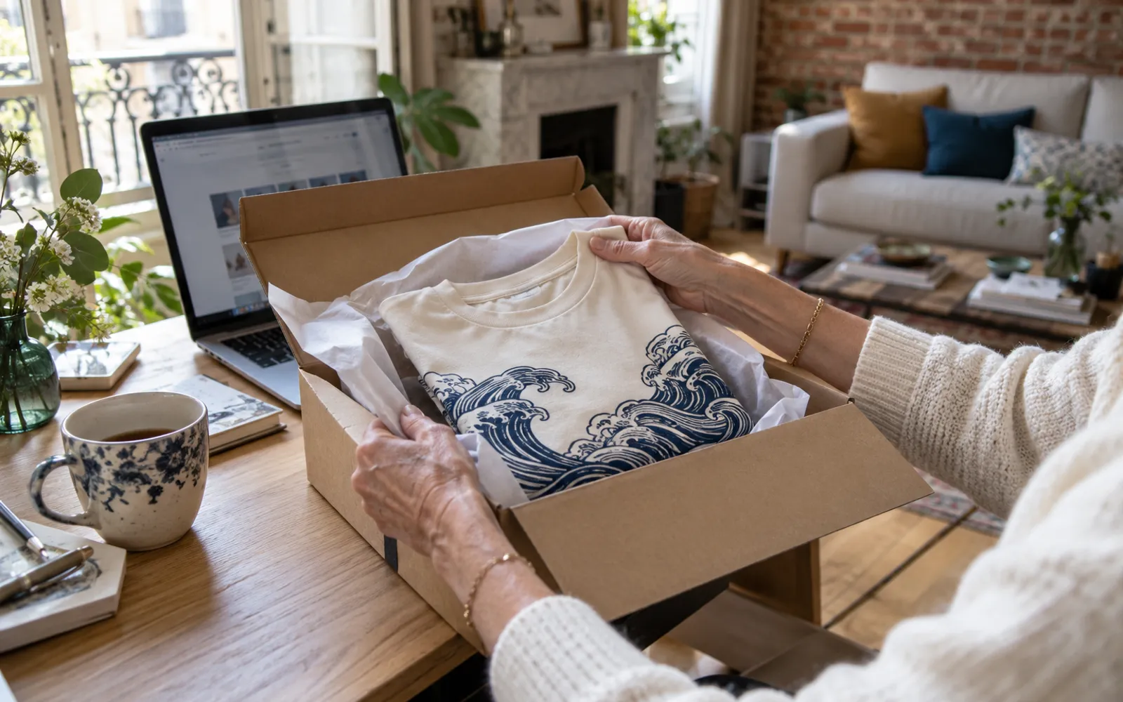 Des mains sortent d'un carton un t-shirt imprimé de vagues, emballé dans du papier de soie, à côté d'un ordinateur portable