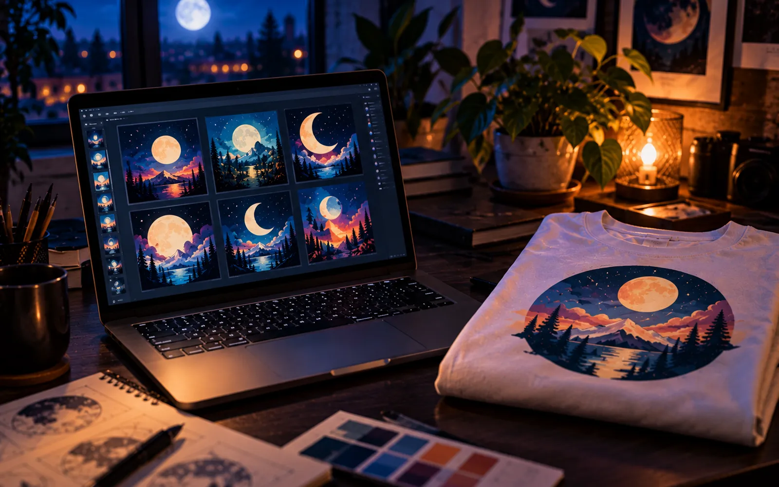 Ordinateur portable affichant une illustration colorée de lune, à côté d'un t-shirt blanc plié