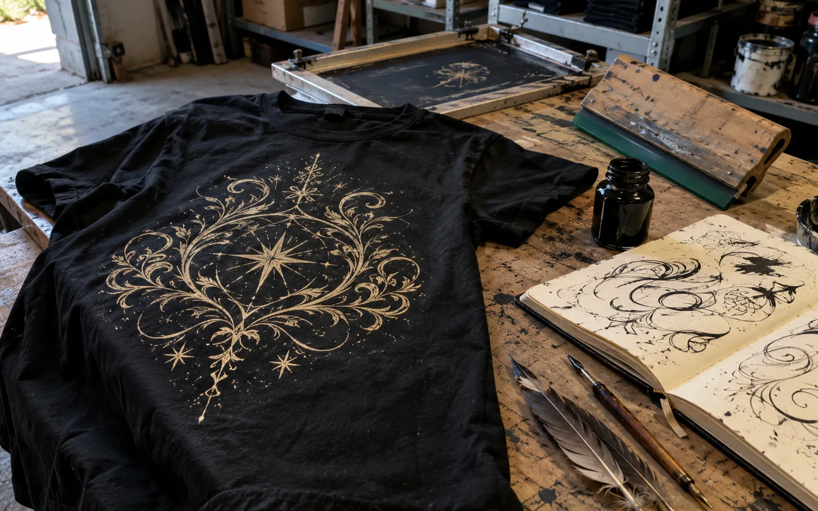 T-shirt noir imprimé d'un ornement vintage sur un établi, avec plumes de calligraphie, encre et raclette de sérigraphie