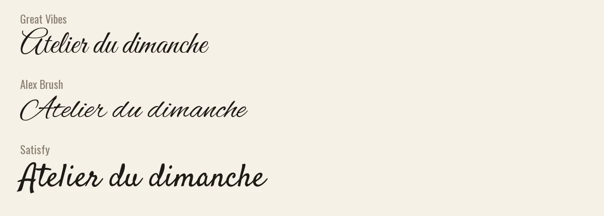 Aperçu des polices de calligraphie Great Vibes, Alex Brush et Satisfy