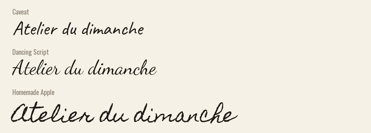 Aperçu des polices manuscrites Caveat, Dancing Script et Homemade Apple