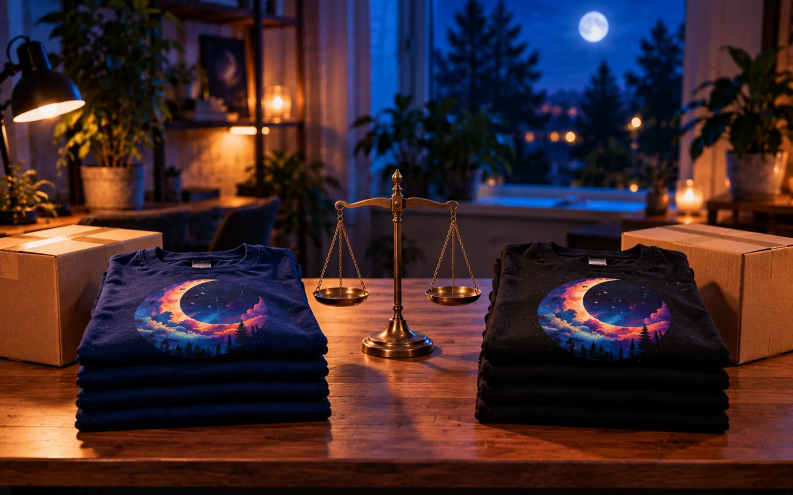 Deux piles de t-shirts pliés côte à côte sur une table