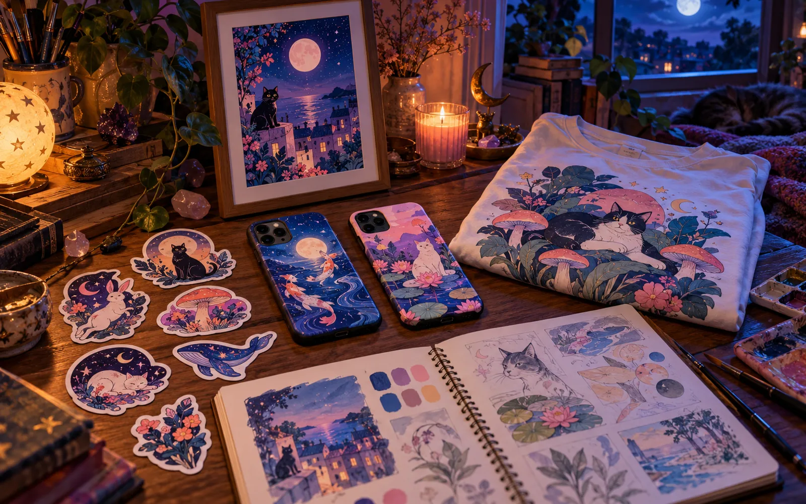 Autocollants, coques de téléphone et t-shirts aux motifs illustrés étalés sur une table