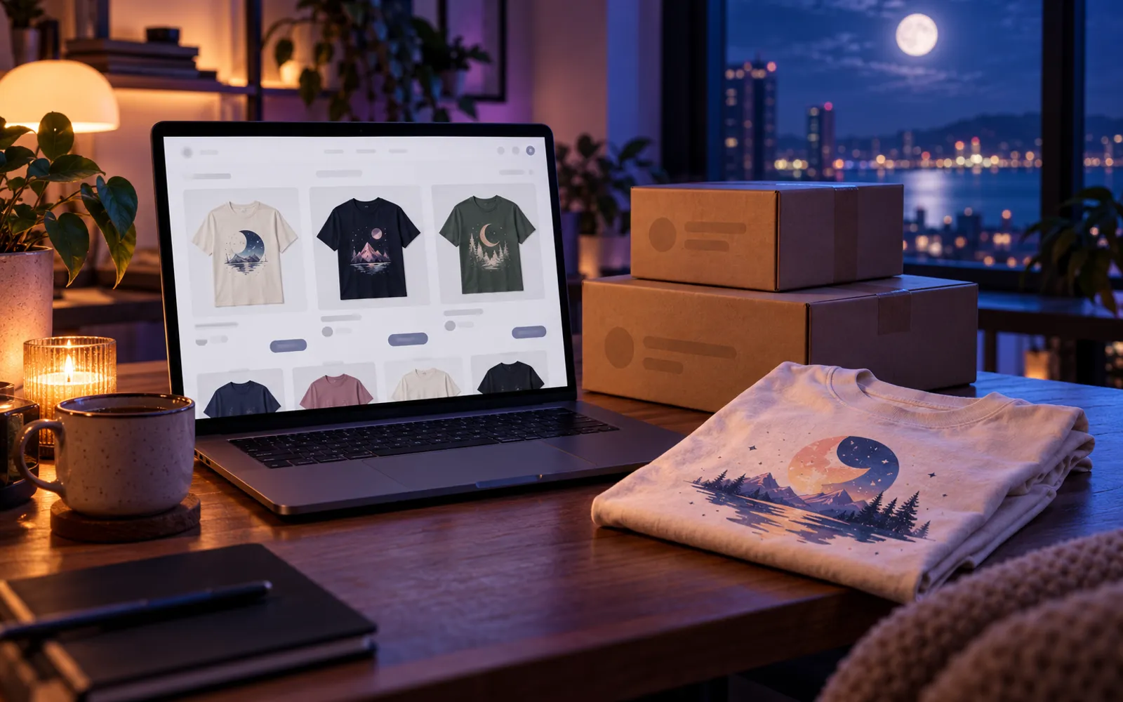 Ordinateur portable affichant une boutique en ligne de t-shirts, à côté de colis prêts à partir