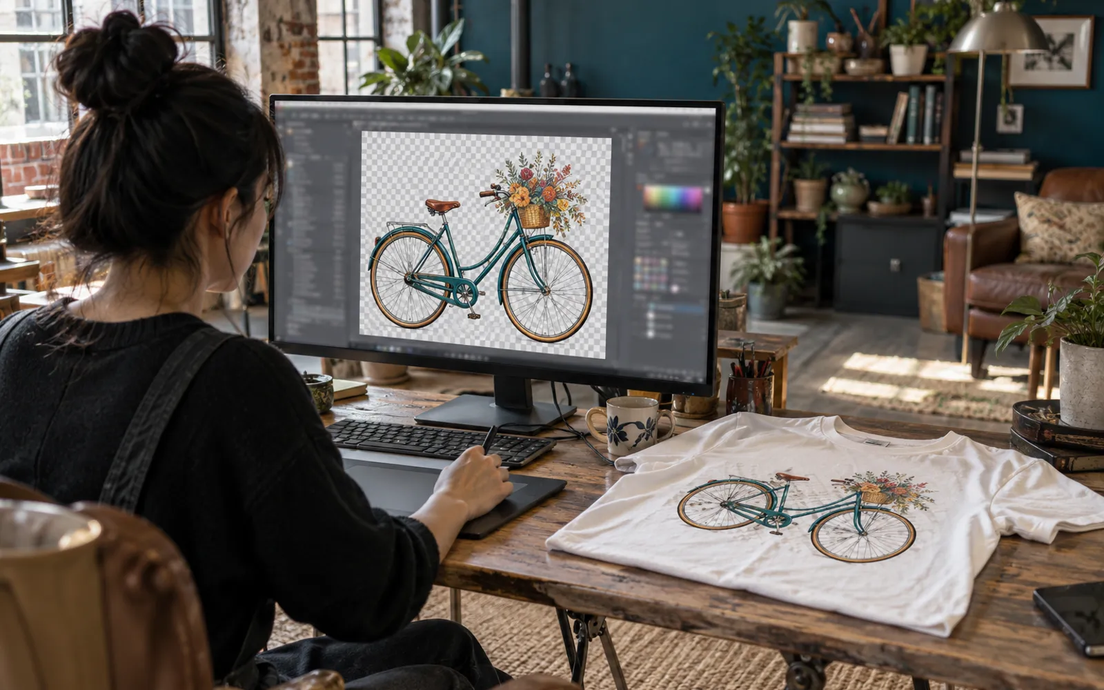Une femme détoure une illustration de vélo sur fond transparent à l'écran, le même motif imprimé sur un t-shirt posé à côté