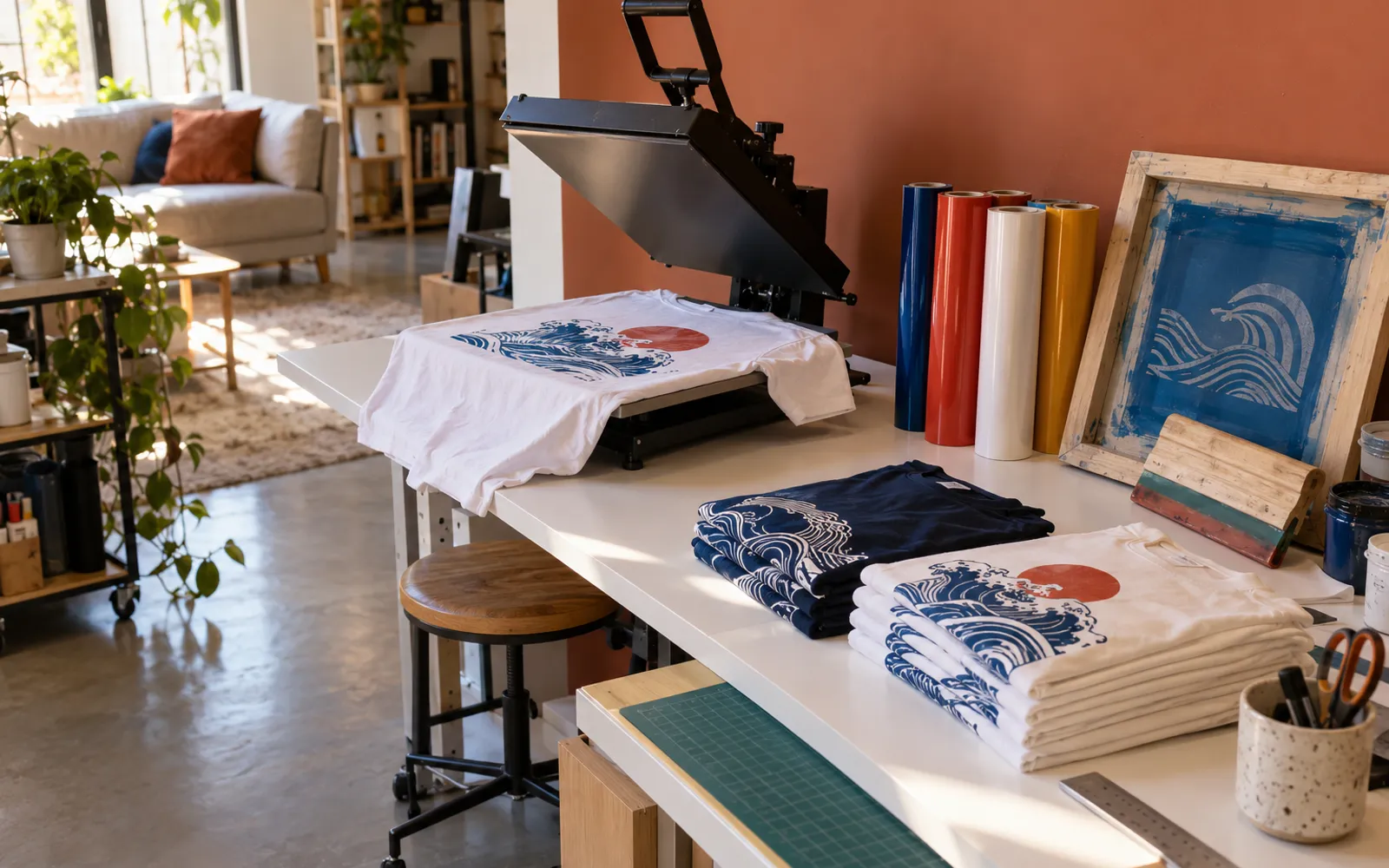 Une presse à chaud avec un t-shirt imprimé de vagues, des rouleaux de flex colorés et un cadre de sérigraphie sur un plan de travail
