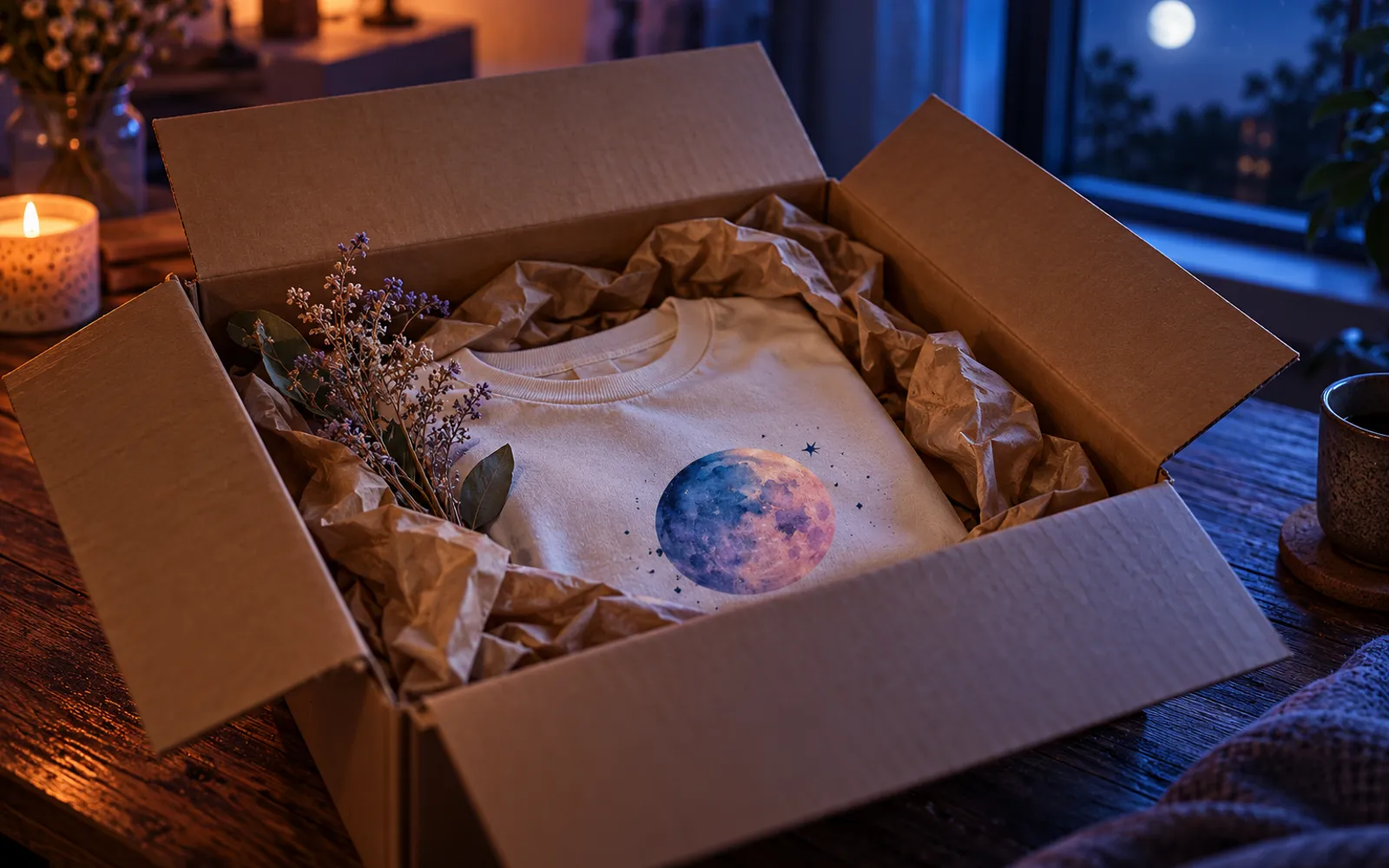 Colis en carton sans plastique contenant un t-shirt imprimé plié, sur une table en bois