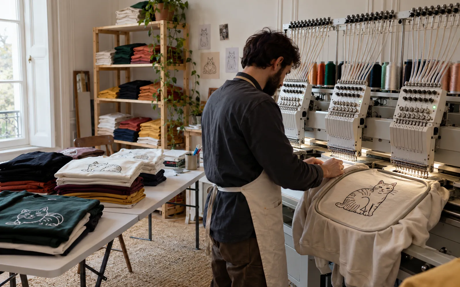 Un homme en tablier brode un motif de chat sur un sweat avec une machine à broder à plusieurs têtes, devant des piles de t-shirts