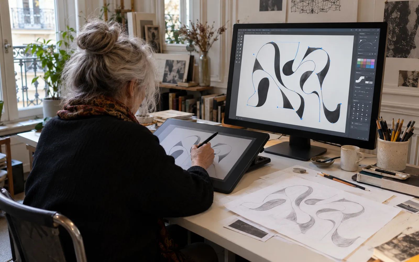 Une femme redessine un motif en tracés vectoriels sur une tablette graphique, le croquis au crayon posé sur le bureau